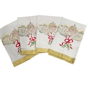 Christmas Angel Handpainted Linen Tea Towels set/4 gold trim cherub holiday desi